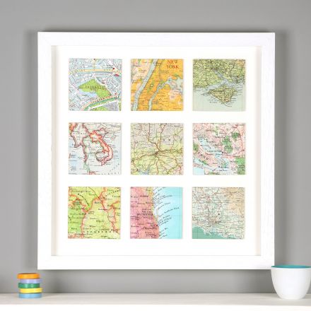 Nine map location squares in white frame.