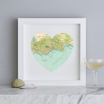 Amalfi Coast map heart in white wood square box frame.