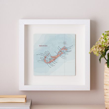 Bermuda map print in white wood frame.