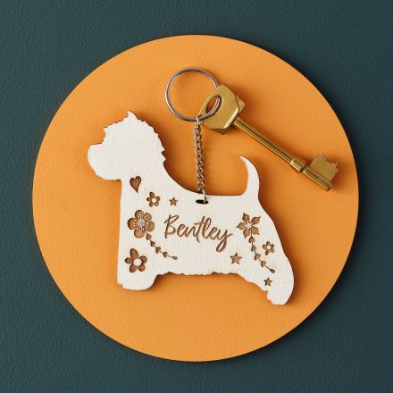 Wooden dog silhouette keyring engraved with pets name