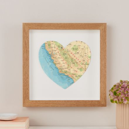 California map heart in oak frame