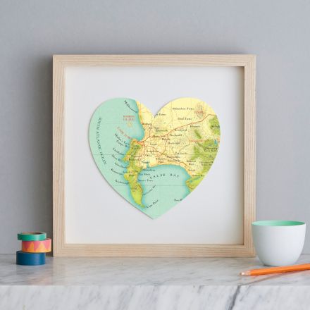 Cape town map heart, in the light wood frame, showing false bay and stellenbosch, South Africa