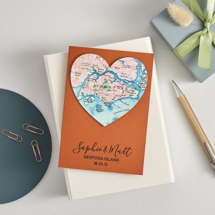 Copper wedding anniversary card with a map heart of Singapore featured on the front 