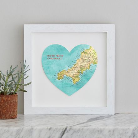 South West Cornwall map heart with a white painted box frame.