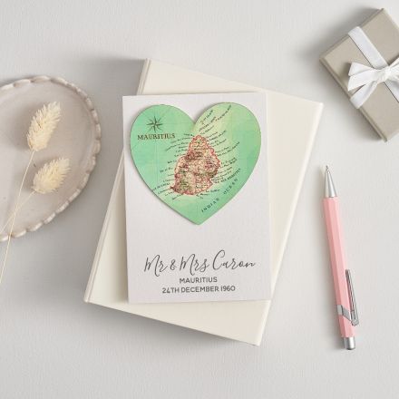 Mauritius map heart in pretty pink and mint colour cut into the shape of a heart on a wedding anniversary card