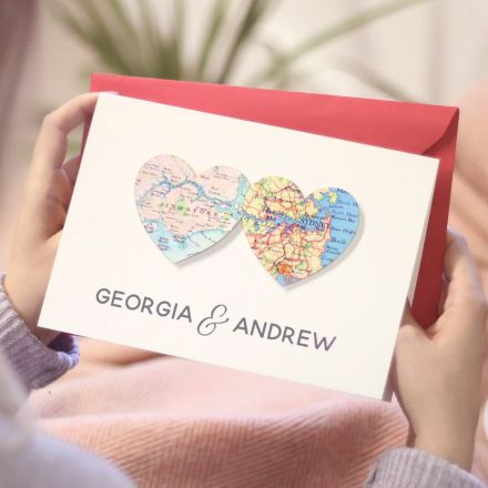 Two map hearts card with couples names 'Georgia & Andrew' printed beneath.