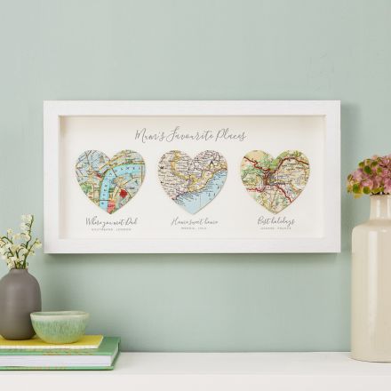 Framed three map hearts gift for Mother's day. Printed personalisation under each heart. White box frame.