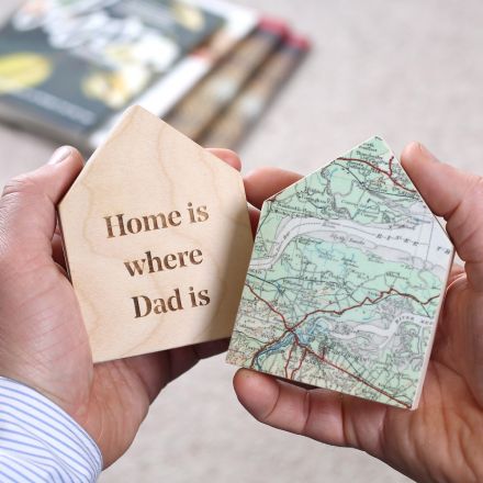 Little wooden map houses with 'Home is where Dad is' engraved on reverse.