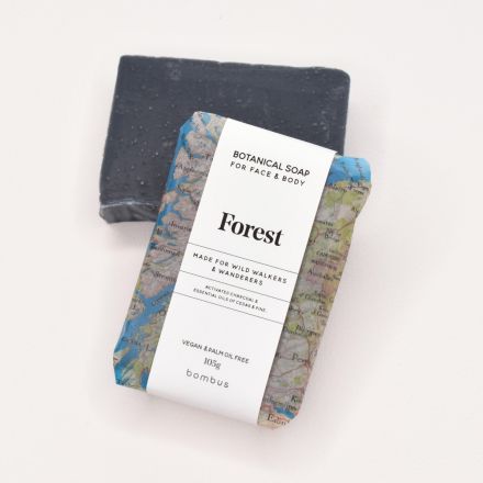 Handmade charcoal soap with map packaging