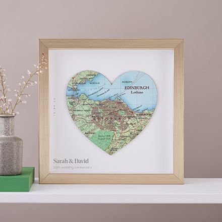 Map location heart in gold frame with printed personalisation. 