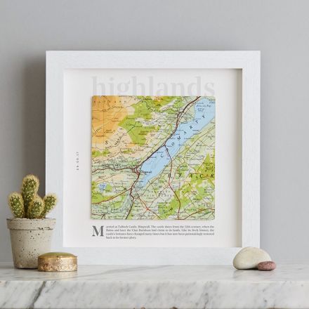 Map square personalised with 'highlinds' printed above map and personalised message below. White square box frame.