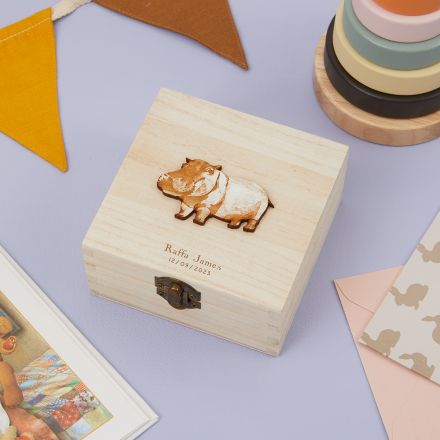 Wooden box with hippo on lid and personalised engraving