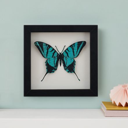 3d papercut butterfly handpainted in metallic blue. Mounted in black wood box frame.