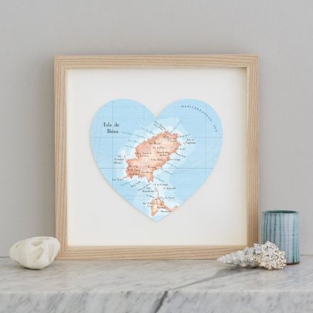 Ibiza map heart in light wood frame