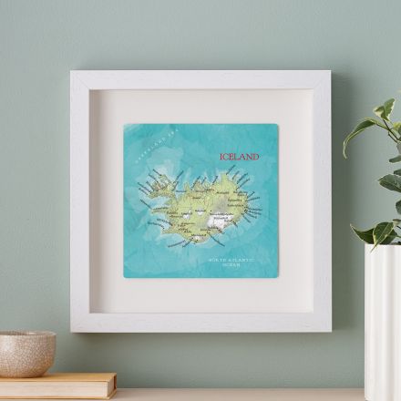 Iceland map print in white box frame