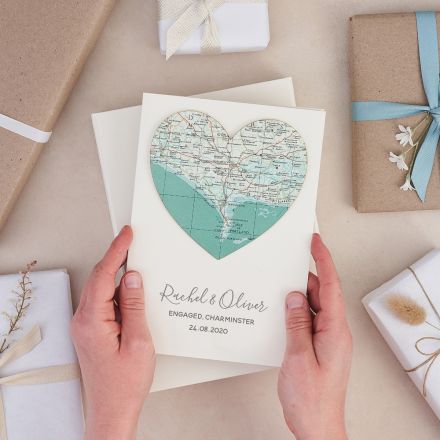Personalised map heart card with your own words printed beneath heart.