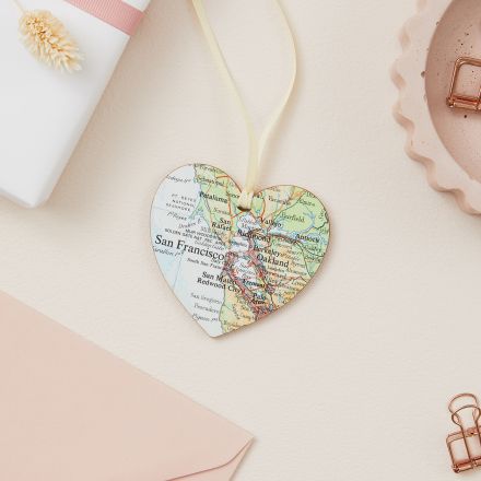 Map heart keepsake on cream ribbon