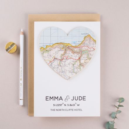 Map heart Valentine's card personalised with couples names and location coordinates.
