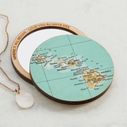 Personalised map location pocket mirror. Handmade mirror with a map of the Hawaiin islands. 'Where it all began... love you always xxx' engraved around mirror's edge.