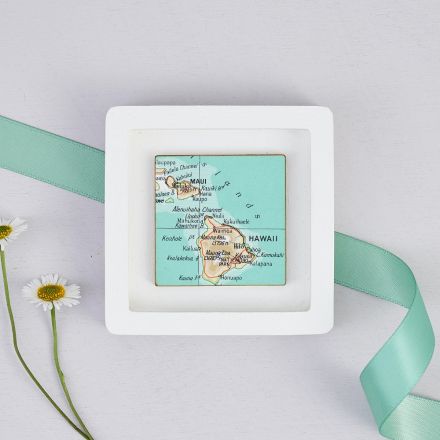 Miniatures white wood frame featuring personalised map location.