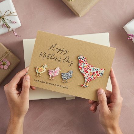 Mother's day card with Liberty fabric Hens. Printed personalisation.