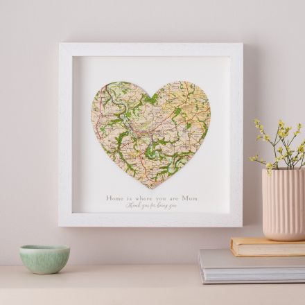 Map heart in white frame with personalised text beneath.