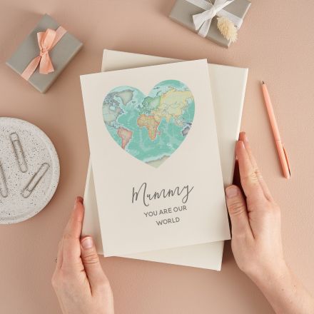 Printed Mother's day card with heart shape map of the world and 'Mum, you are my world' printed beneath.