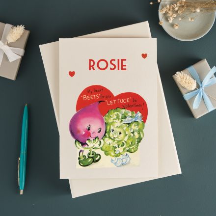Personalised vintage Valentine's card with 'My heart beets just for you' message.