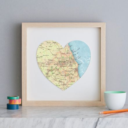 Newcastle map heart light wood frame