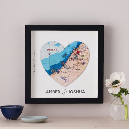 Dubai map heart in a black box frame with couples names printed beneath.