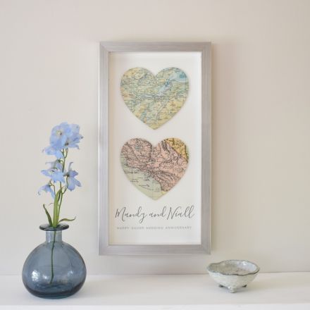 Silver Wedding Anniversary Map Hearts Portrait Print