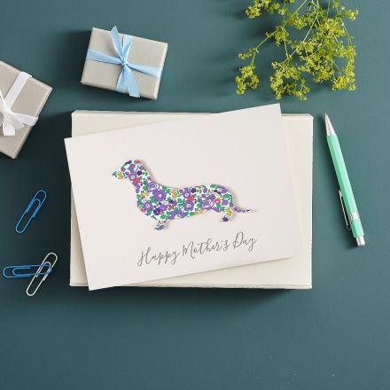 Mother's day card with Liberty print sausage dog with 'Happy Mother's day' printed beneath.