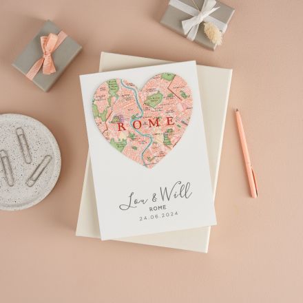 Personalised map heart card with your own words printed beneath heart.