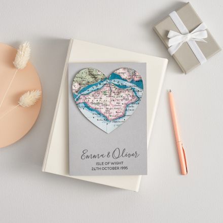 Silver wedding anniversary map heart card with personalised message.