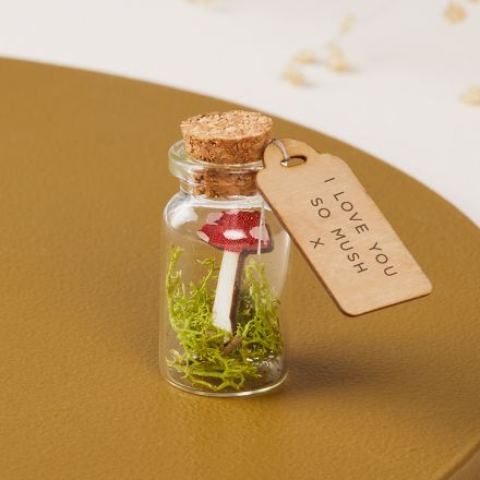 Miniature toadstool in glass message bottle