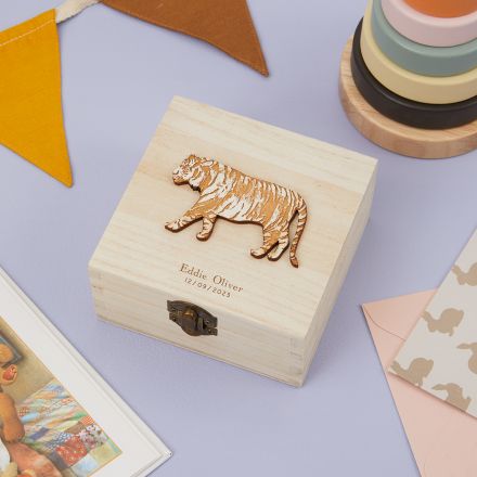 Wooden box with tiger on lid and personalised engraving.