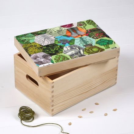 Solid wood storage box for seeds. Patchwork of hexagonal images of leaves and veg decoupaged to lid.