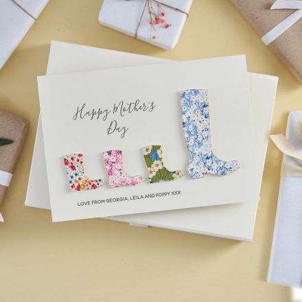Mother's Day card with welly boots with liberty print and a personalised message. 