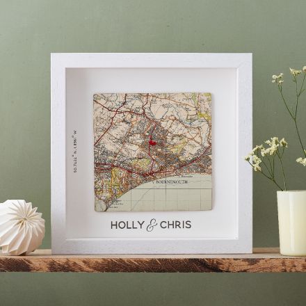 Couples map print gift. Square map mounted on white with white wood box frame. 'Holly and Chris' printed beneath map square.