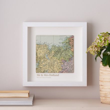 Map square in white wood box frame with printed personalisation