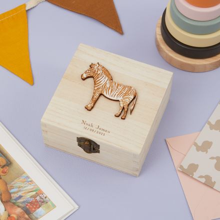 wooden box with zebra and personalisation on lid