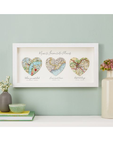Framed three map hearts gift for Mother's day. Printed personalisation under each heart. White box frame.