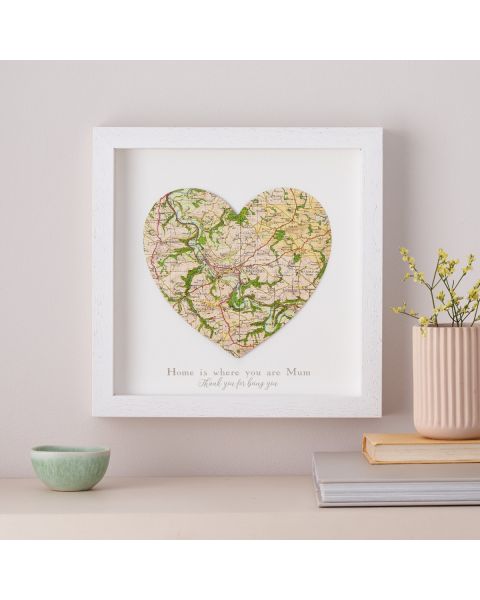 Map heart in white frame with personalised text beneath.