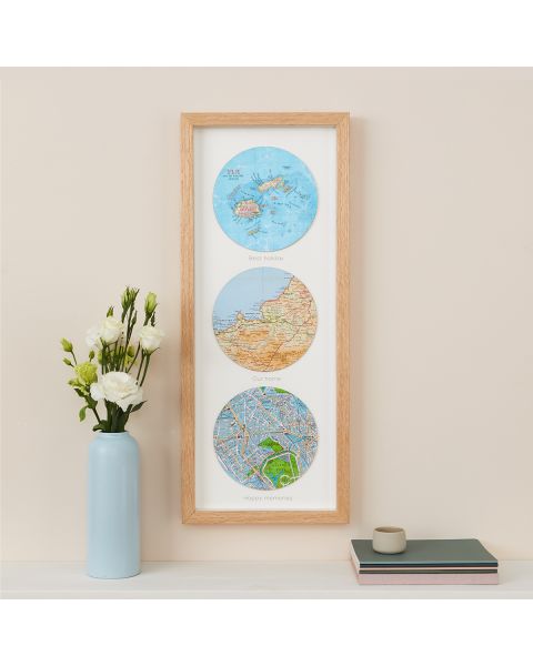 Three map circles in oak frame