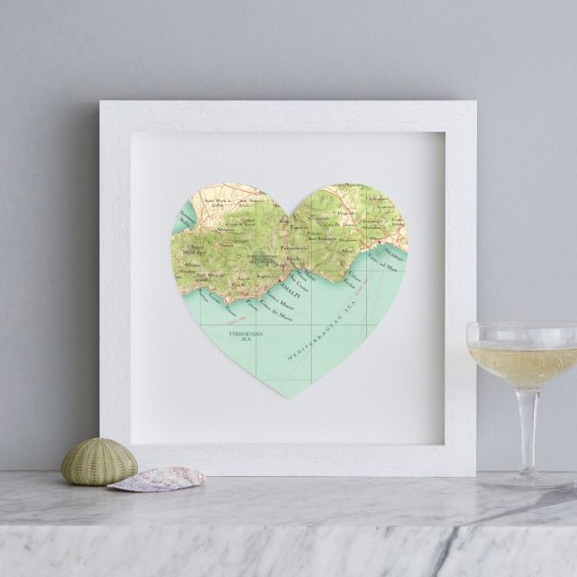 Amalfi Coast map heart in white wood square box frame.