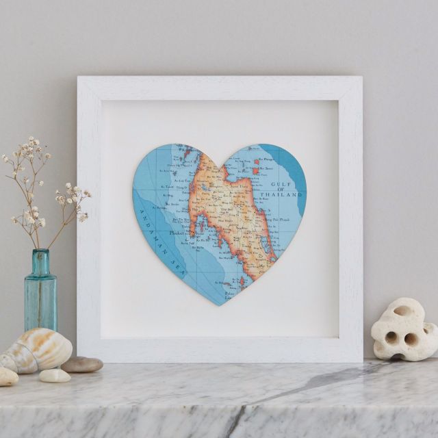 Thailand map heart print in white wood frame.