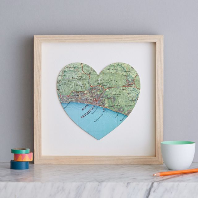Brighton and Hove coastal map showing the south downs national park and Brighton pier in a natural wood box frame. 