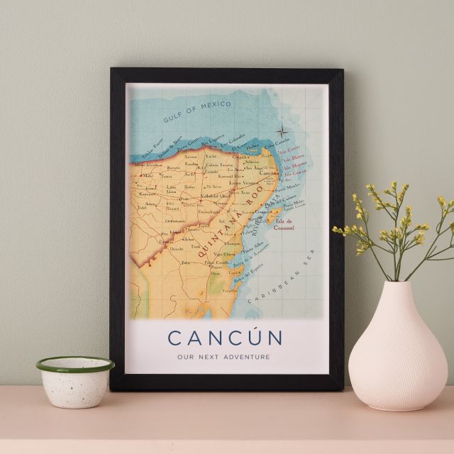 A4 map print of Cancun with printed personalisation and black box frame.
