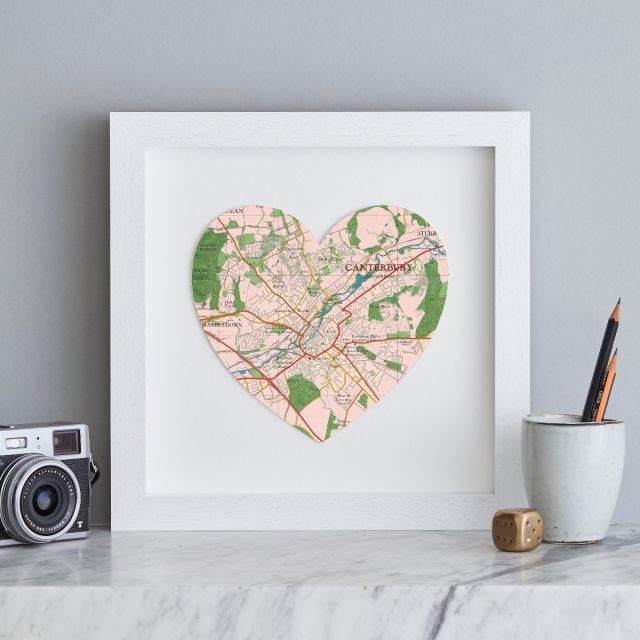 Canterbury map heart print in white wood frame.