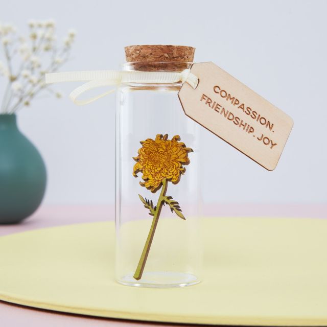 Miniature Chrysanthemum in a glass bottle with engraved message tag